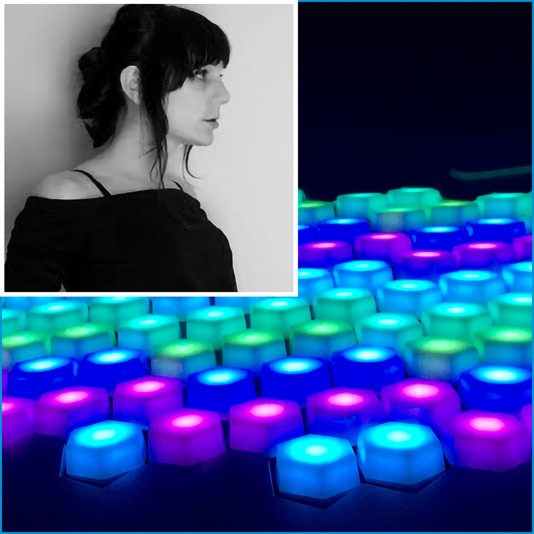 Portrait of Zhea Erose's profile, on top of a close-up of backlit hexagonal keyboard keys