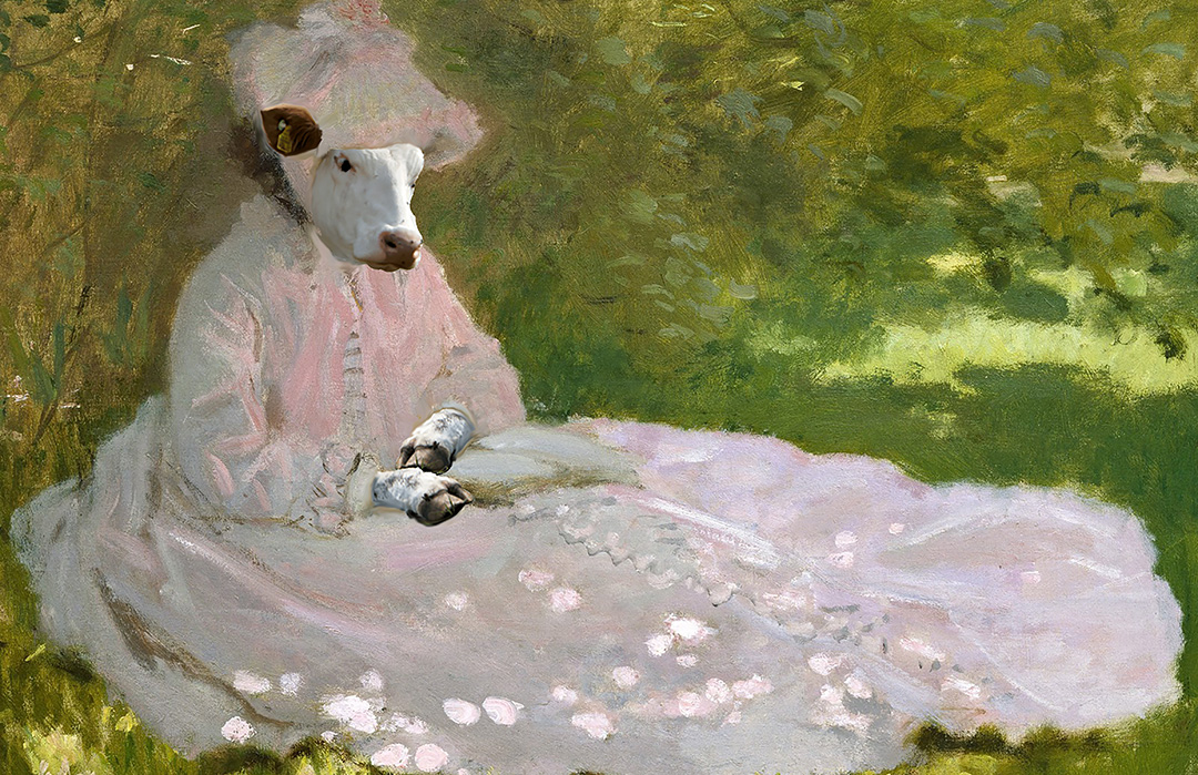 impressionist painting of an anthropomorphized cow sitting in a field wearing a dress and bonnet