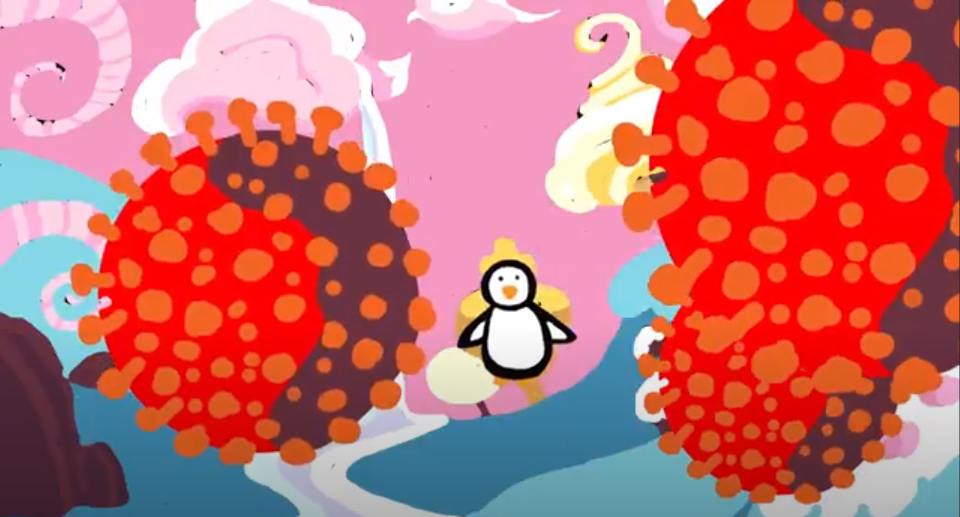 small birdy figure in a cheerful yet threatening landscape of brightly color spheroids reminiscent of viruses