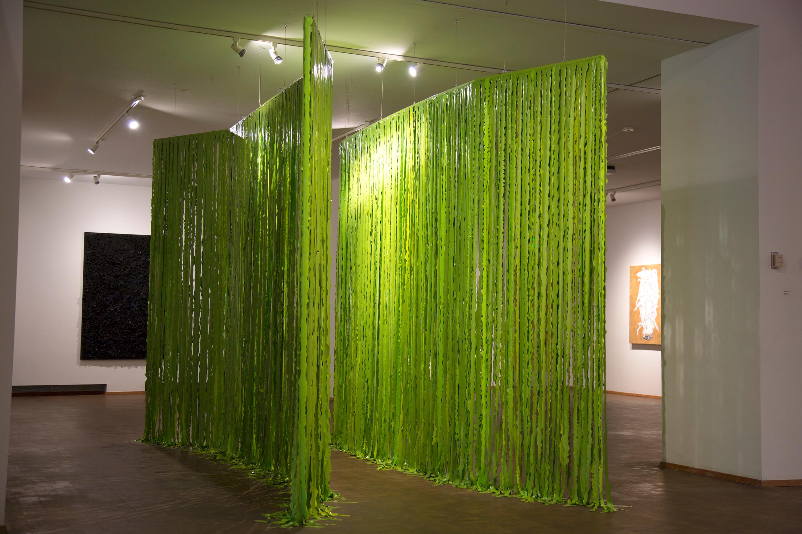 slick green drapes in a gallery