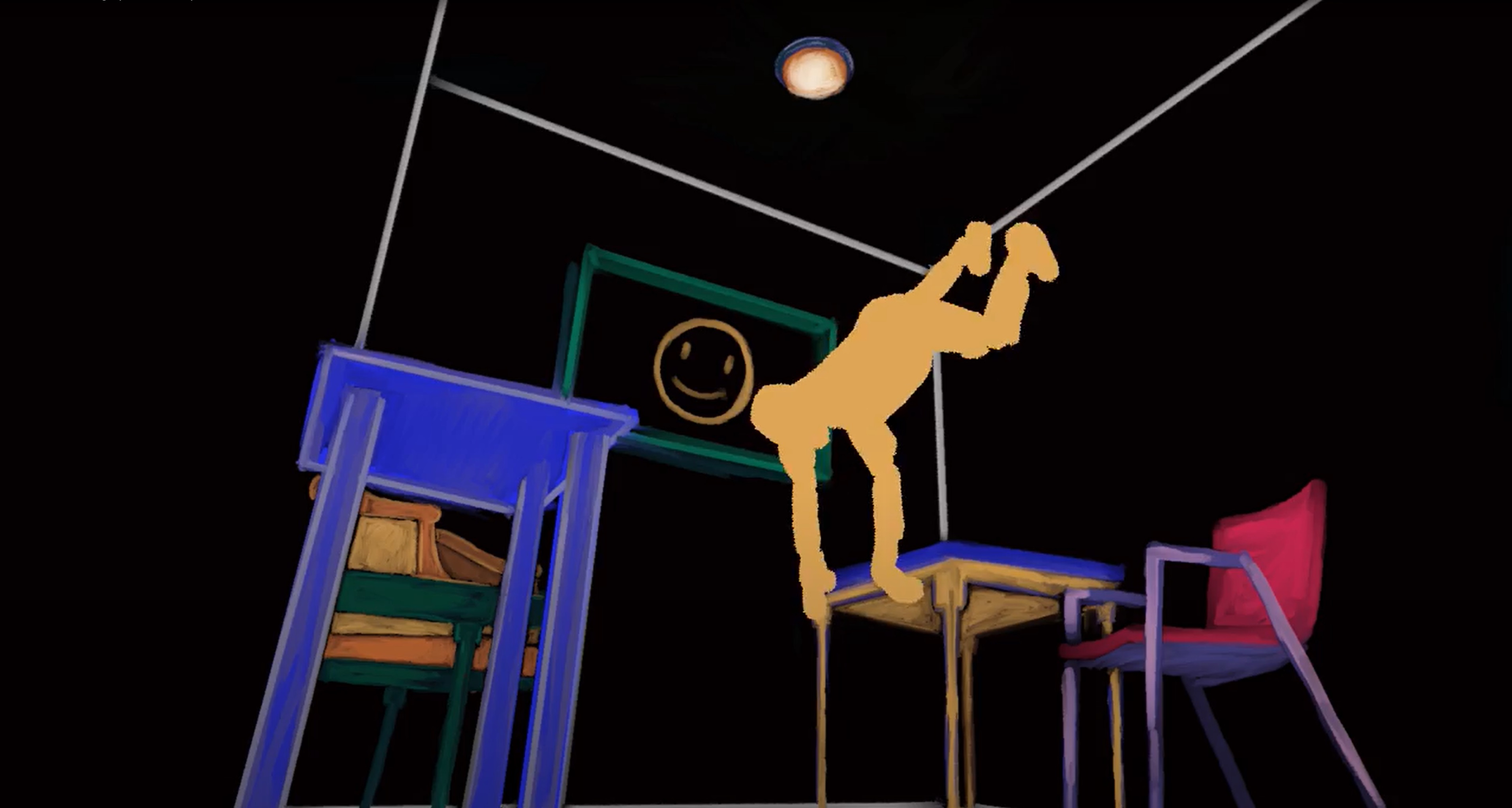 illustration of a person hanging from a desk in a small room as if gravity is upside-down for the person and not the furniture
