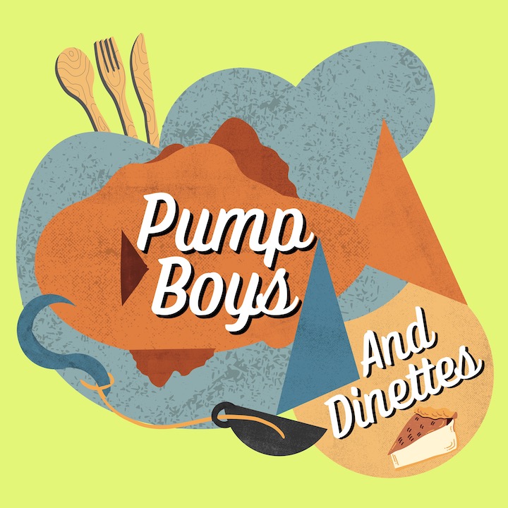 illustration of a place mat with some diner food advertising Pump Bpys and Dinettes