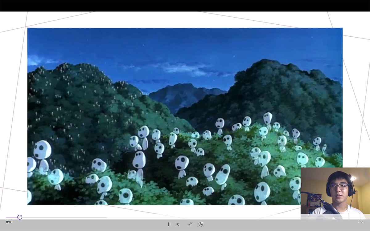 blobby ghosts congregate under gentle dark hills beneath a darkening sky. A tiny screen within a screen shows a person in the lower right corner.