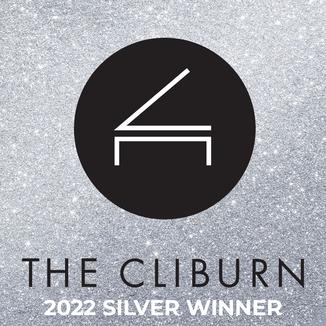 The Cliburn logo on a silver background and text: The Cliburn 2022 Silver Winner