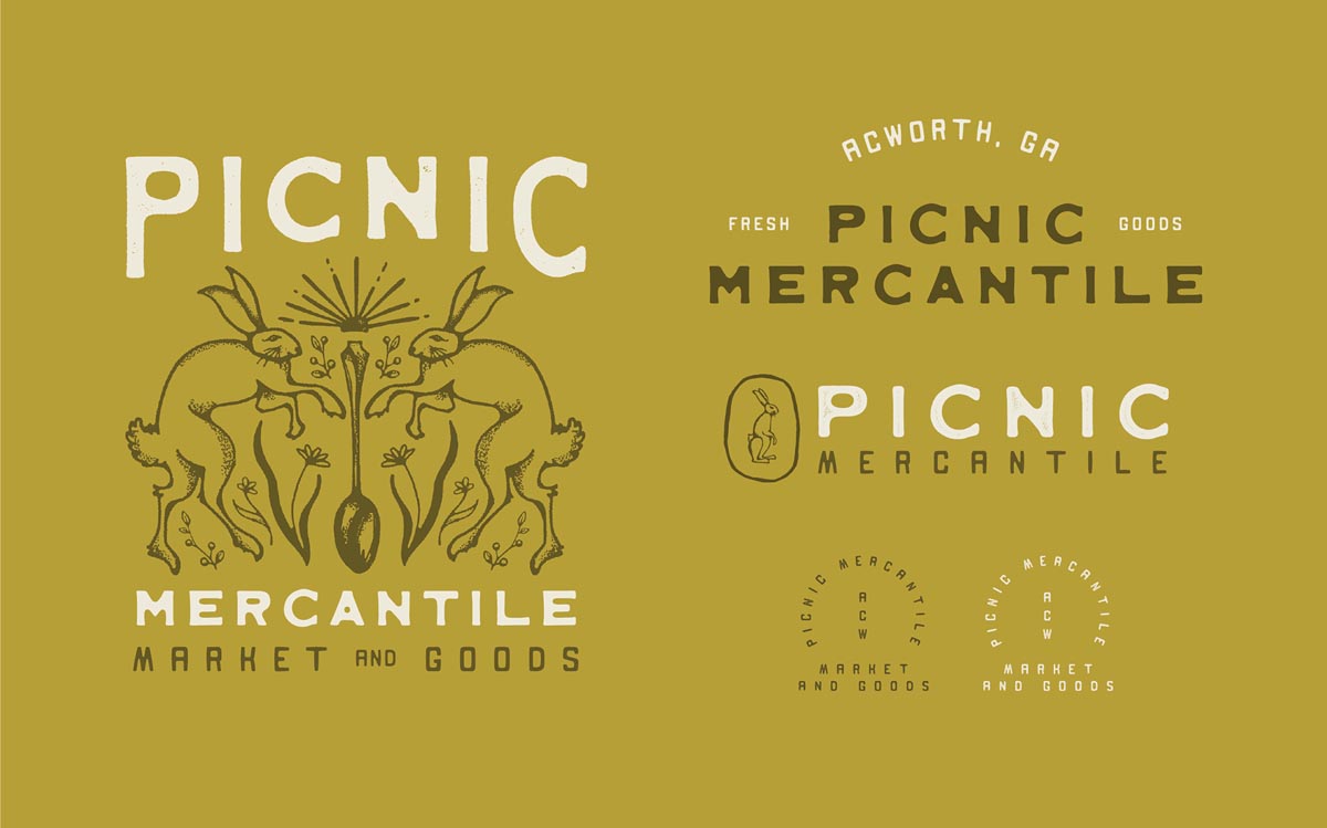 Picnic Mercantile identity marketing piece shows the name of the company and two line drawings of rabbits leaning on shovels in a garden