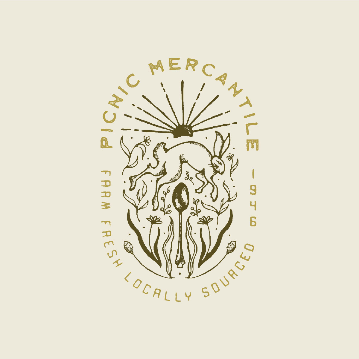 a logo for a company called Picnic Mercantile has an oval illustration of a rabbit jumping over a spoon