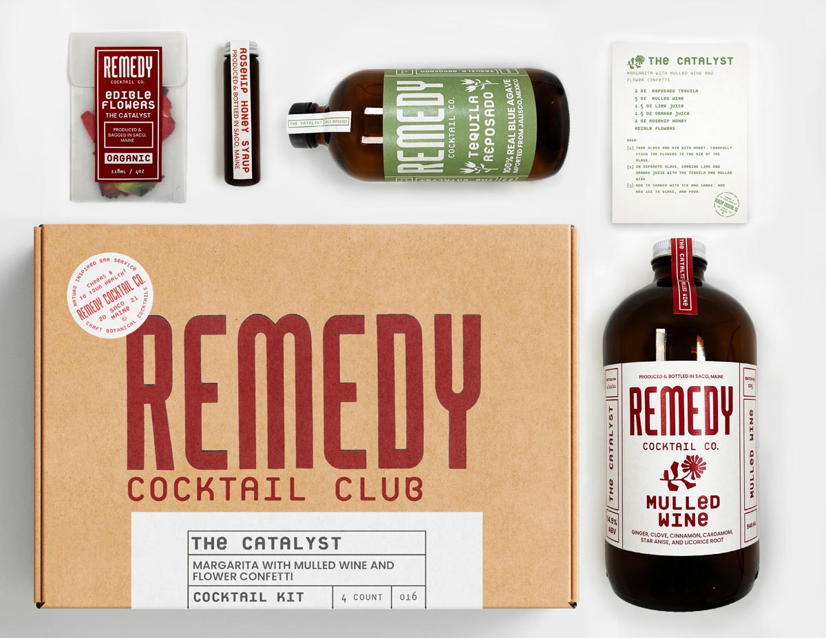 packaging and bottles of cocktail mixers for a company called Remedy