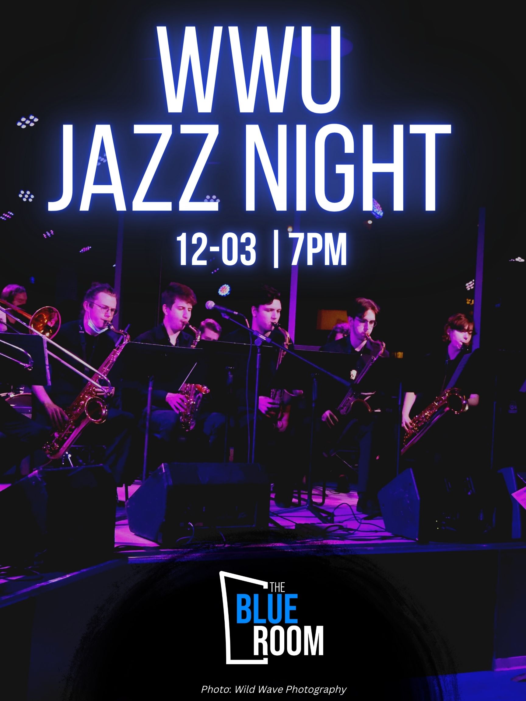 Event poster showing a group of saxophone players on a blue and purple-lit stage