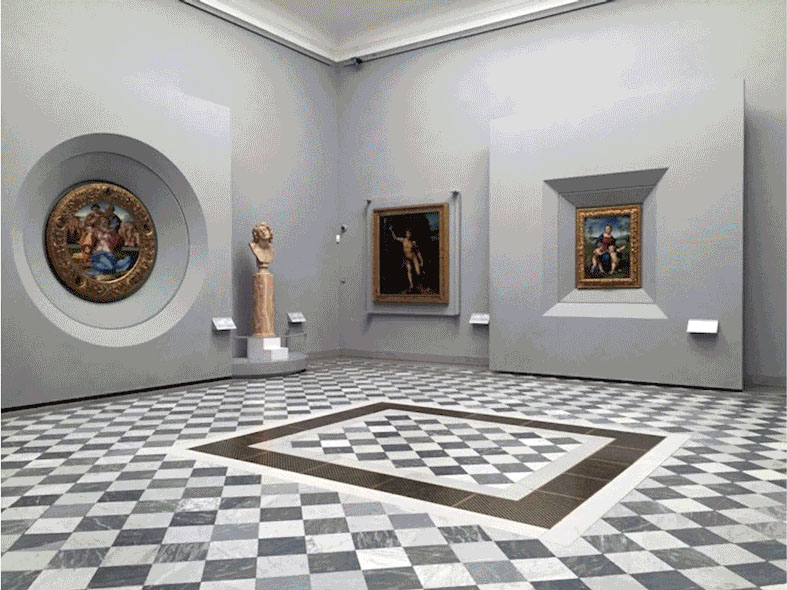 black and white tiled floor in a museum with alcoves displaying art along the wall