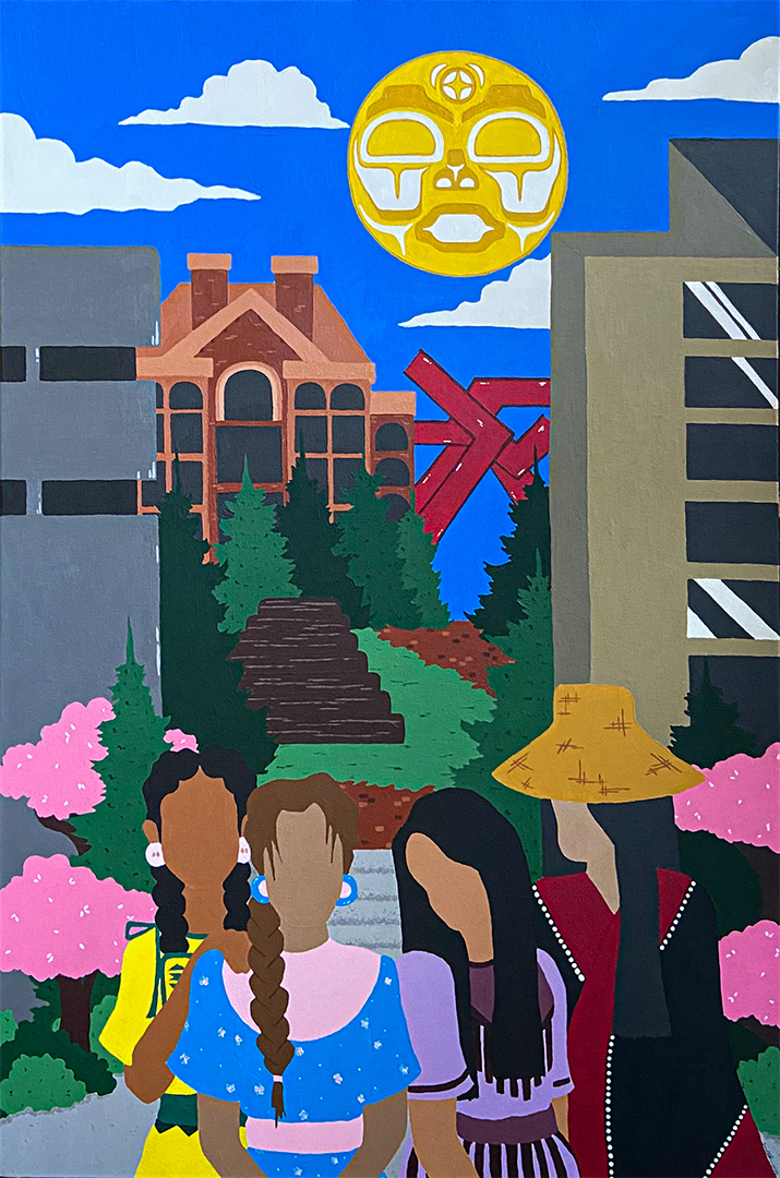 painting depicting Western's campus, a sun in the sky with a tribal face, and faceless native people in the foreground