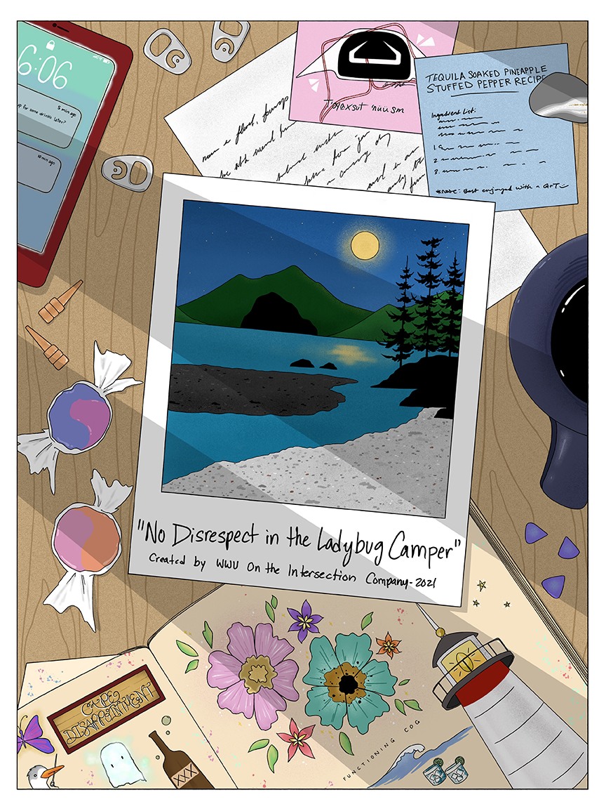 illustration: top view of a cluttered table top with a polaroid picture in the center depicting a scenic lake, mountains and moon