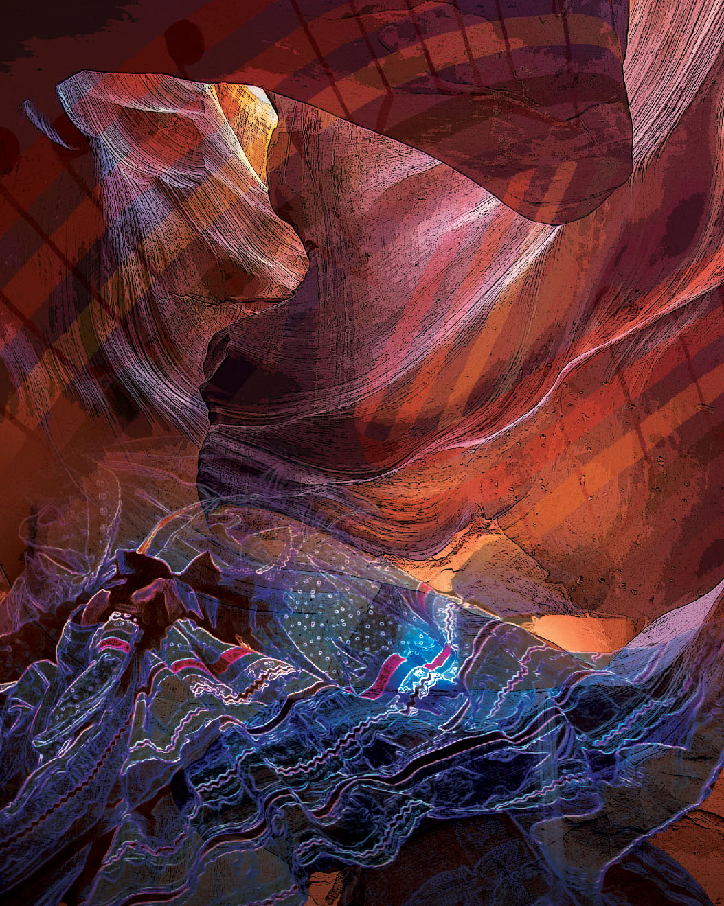 artistic rendering of a Mexican-patterned cloth floating in a wind-sculpted canyon. Hints of music notes follow the walls.