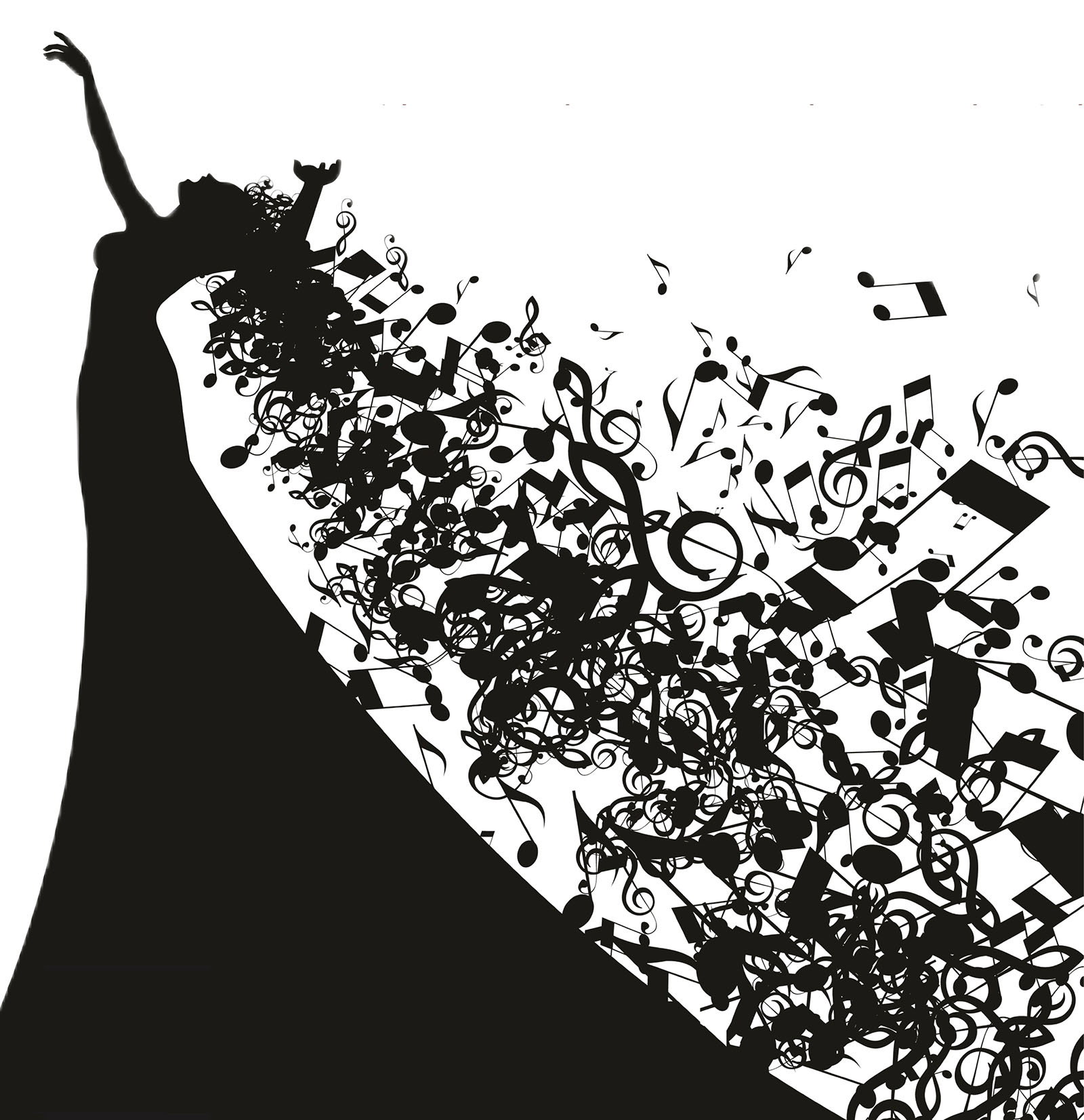 A slender silhouette of a person in a gown reaching up with a graceful wrist. The hair flows into a swarm of musical symbols flowing down the line of the gown.
