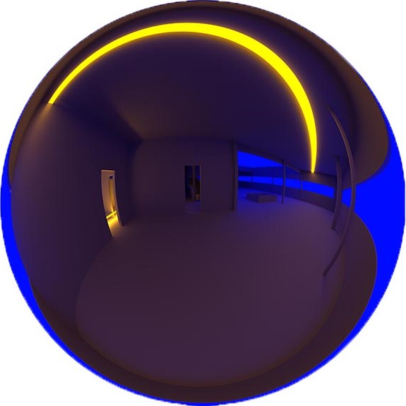 abstract reflection of yellow streak on a deep blue convex spheroid