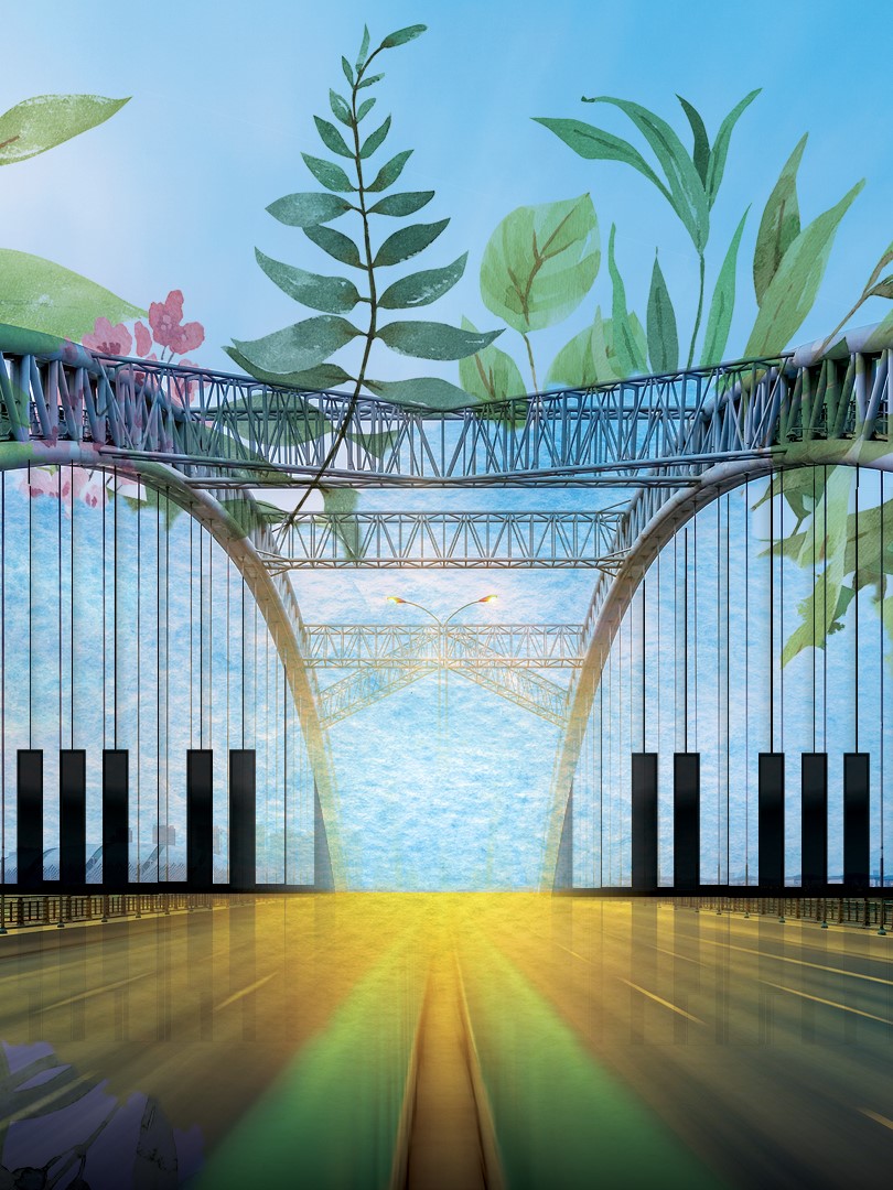driver's view of a road bridge glowing in the sun, blue sky ahead, floral design above