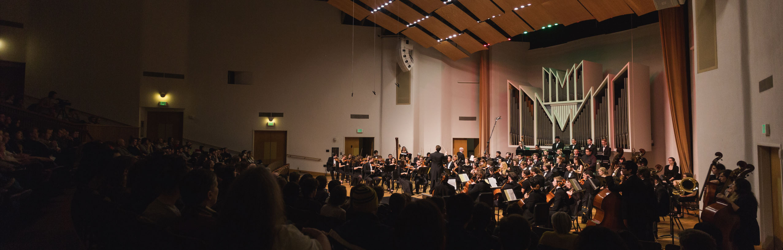 A view of the concert hall from the audience during a performance.