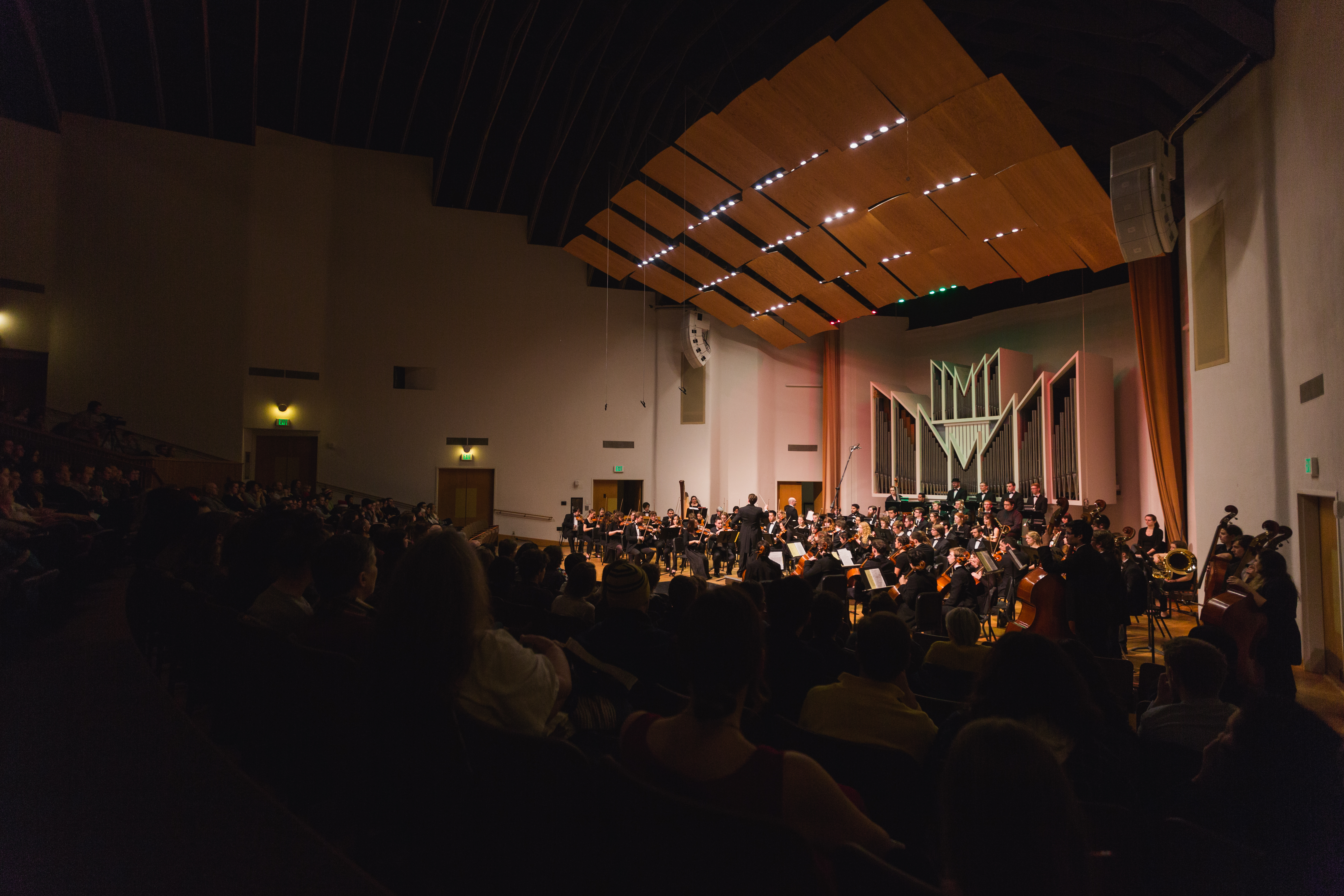 A view of the concert hall from the audience during a performance.