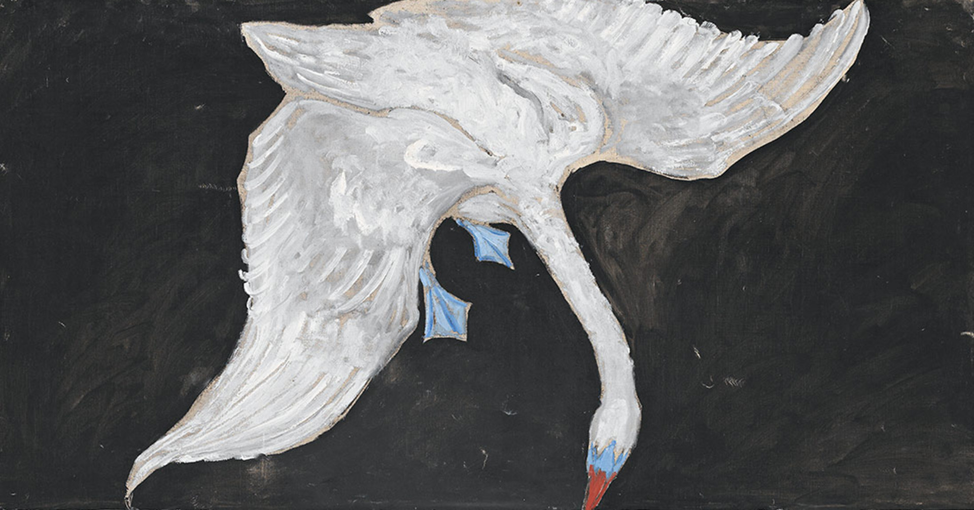 painting of a swan, viewed from above, with wings spread out