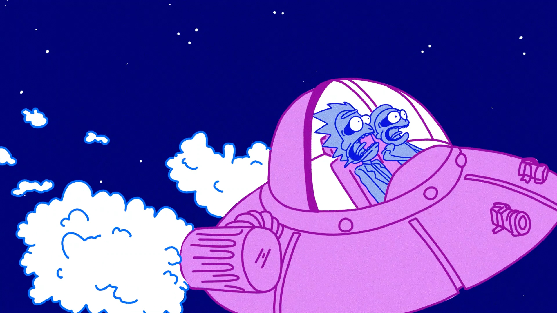 two zany cartoon characters flying a spaceship