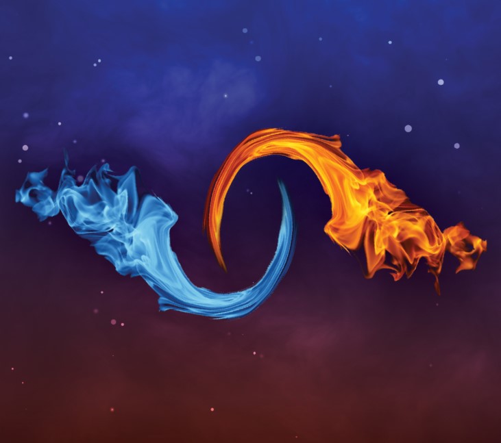blue and orange flame-like streaks swirl together in a yin-yang way, on a starry background that fades between red and purple
