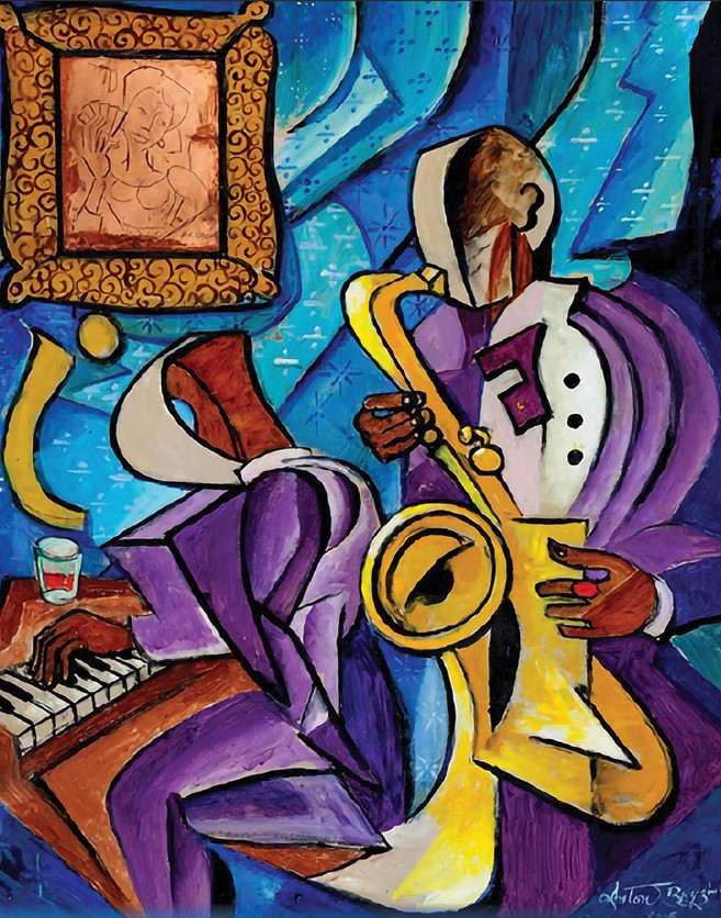 energetic cubist style painting of a pianist and saxophonist playing their instruments