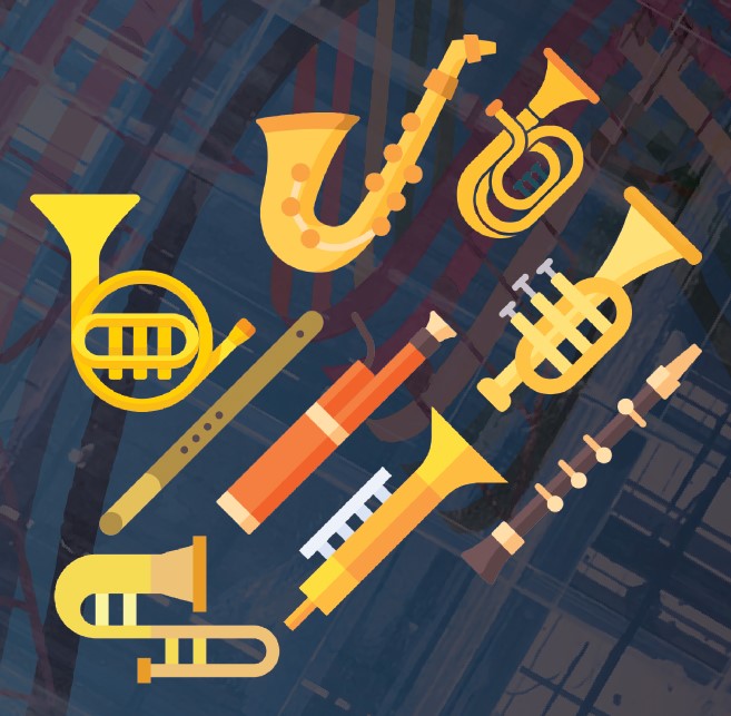 variety of illustrated brass wind instruments on a dark, faded plaid background