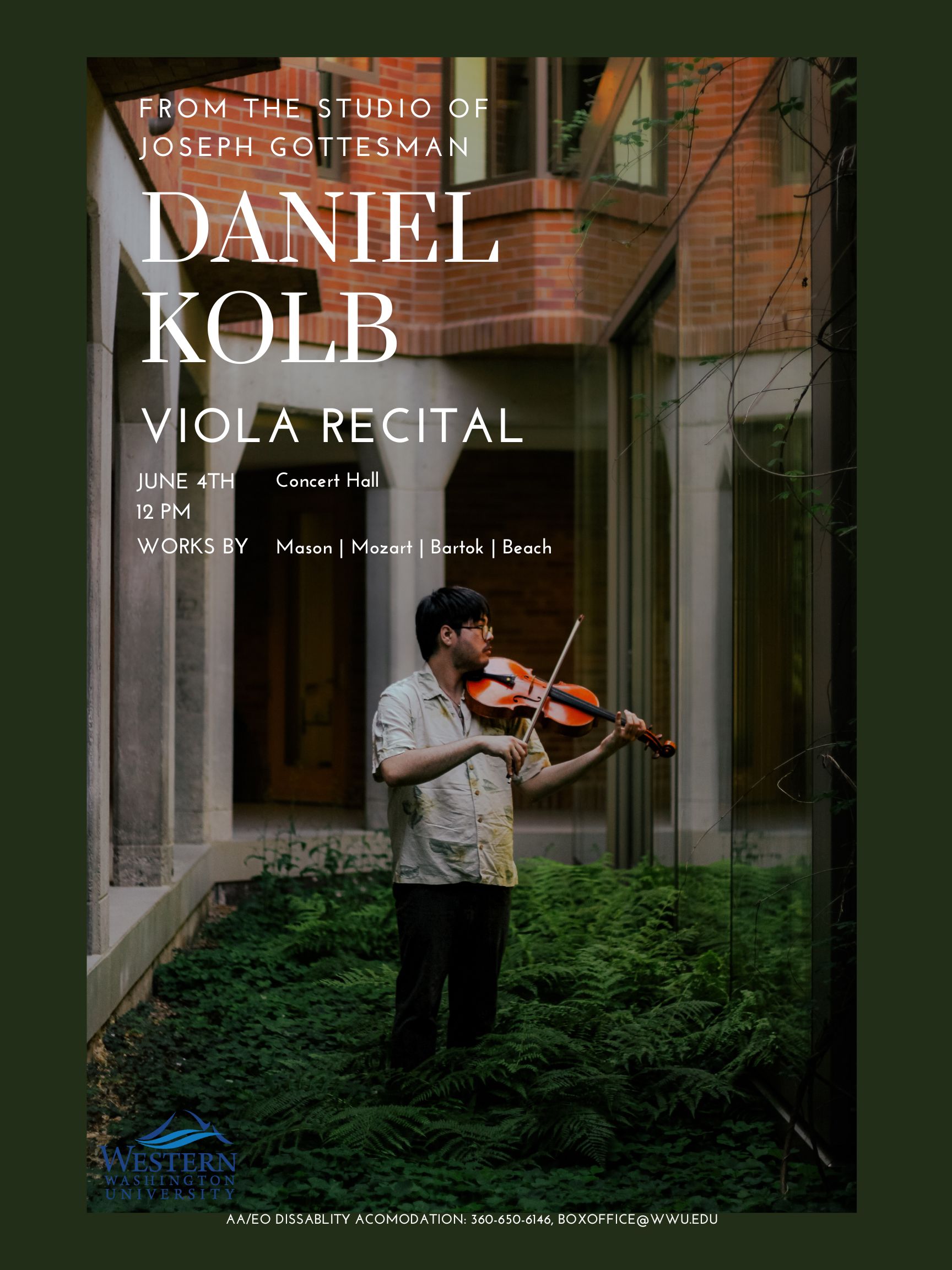 a viola player standing in the grass near a building