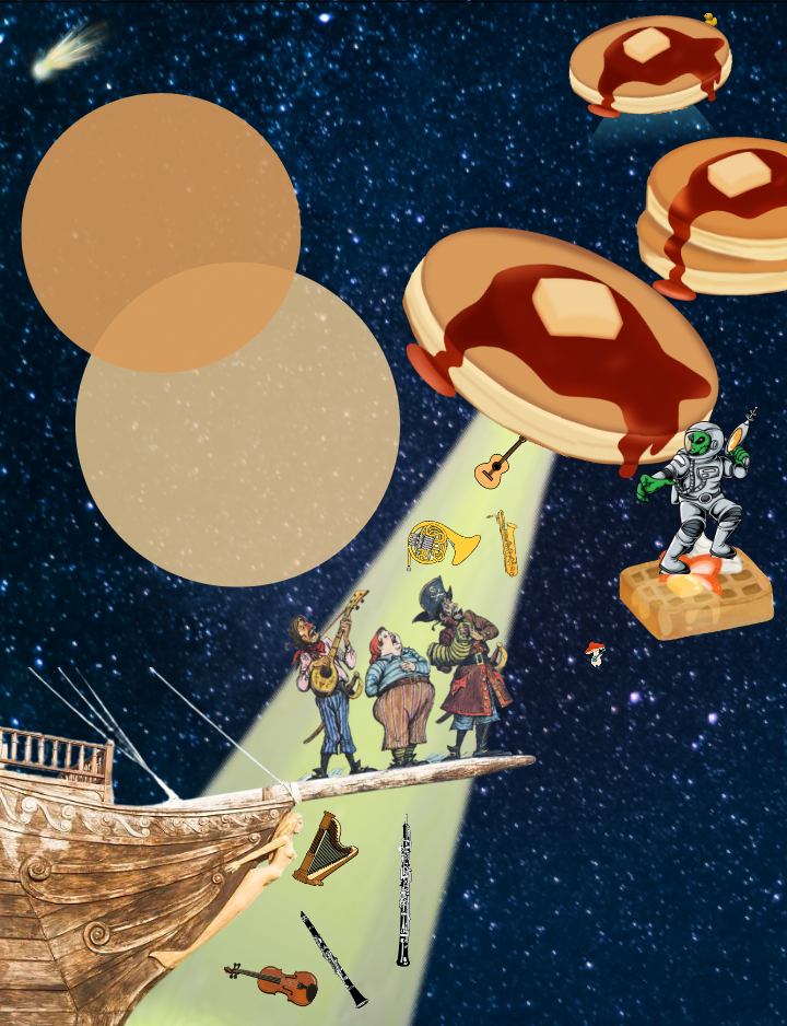 cartoonish scene in space: musicians on the plank of an ocean ship, above them pancakes fly like UFOs and an alien hovers on a waffle.