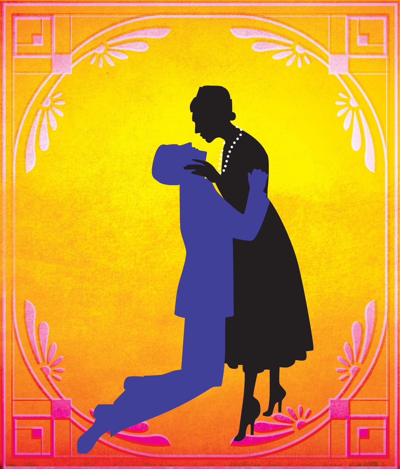 Embraced silhouettes within an art deco frame: a man dangling from, and looking up at a woman, their eyes locked.