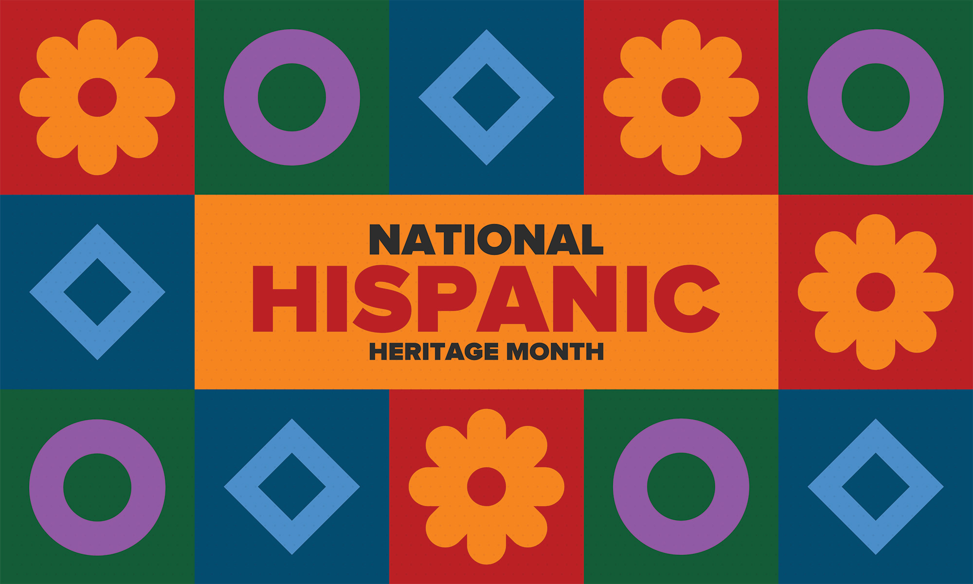 alternating blocks of color containing geometric shapes surrounding text National Hispanic Heritage Month