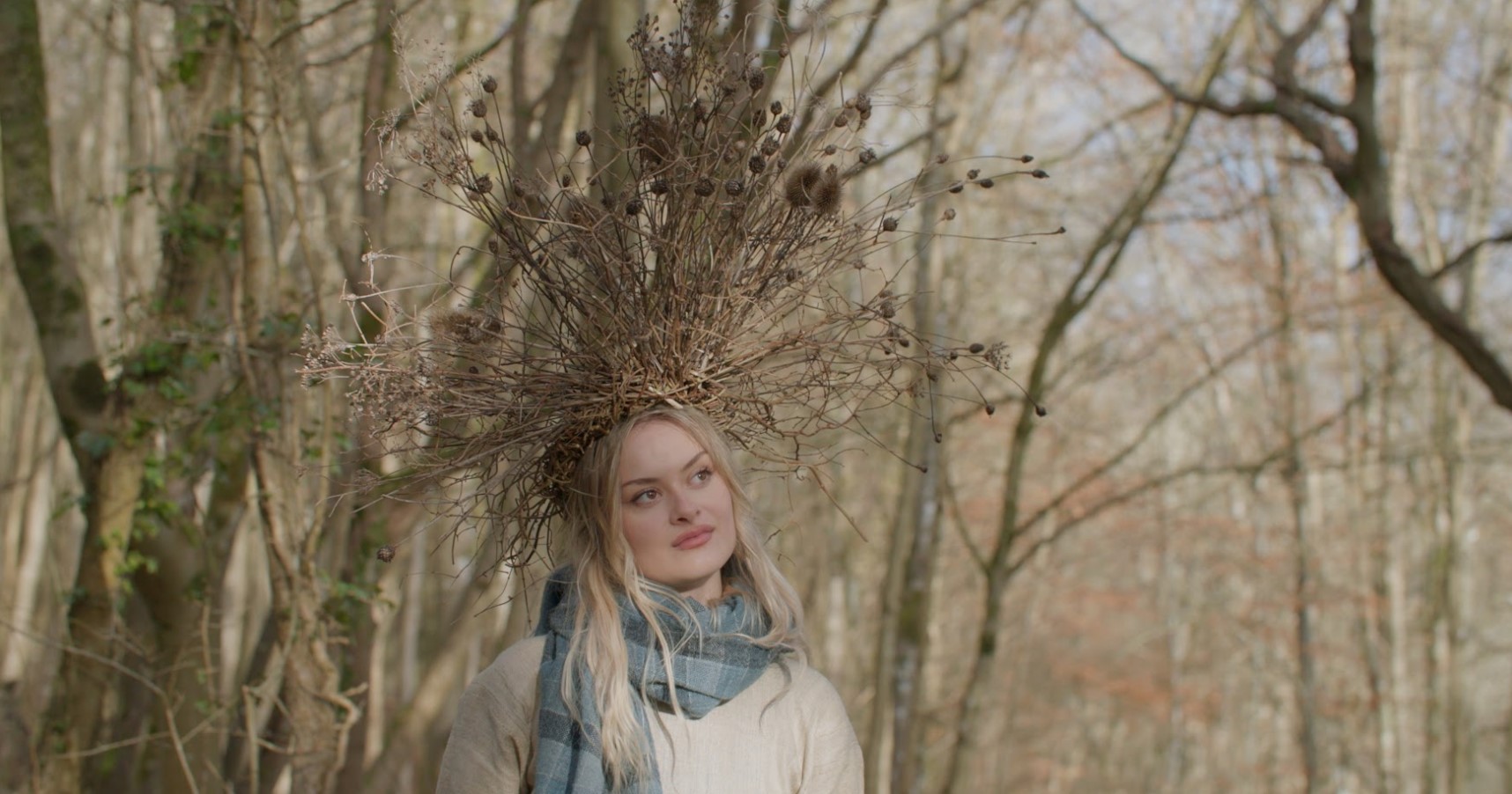 a person standing in the woods wearing an elaborate headdress made of dried plants