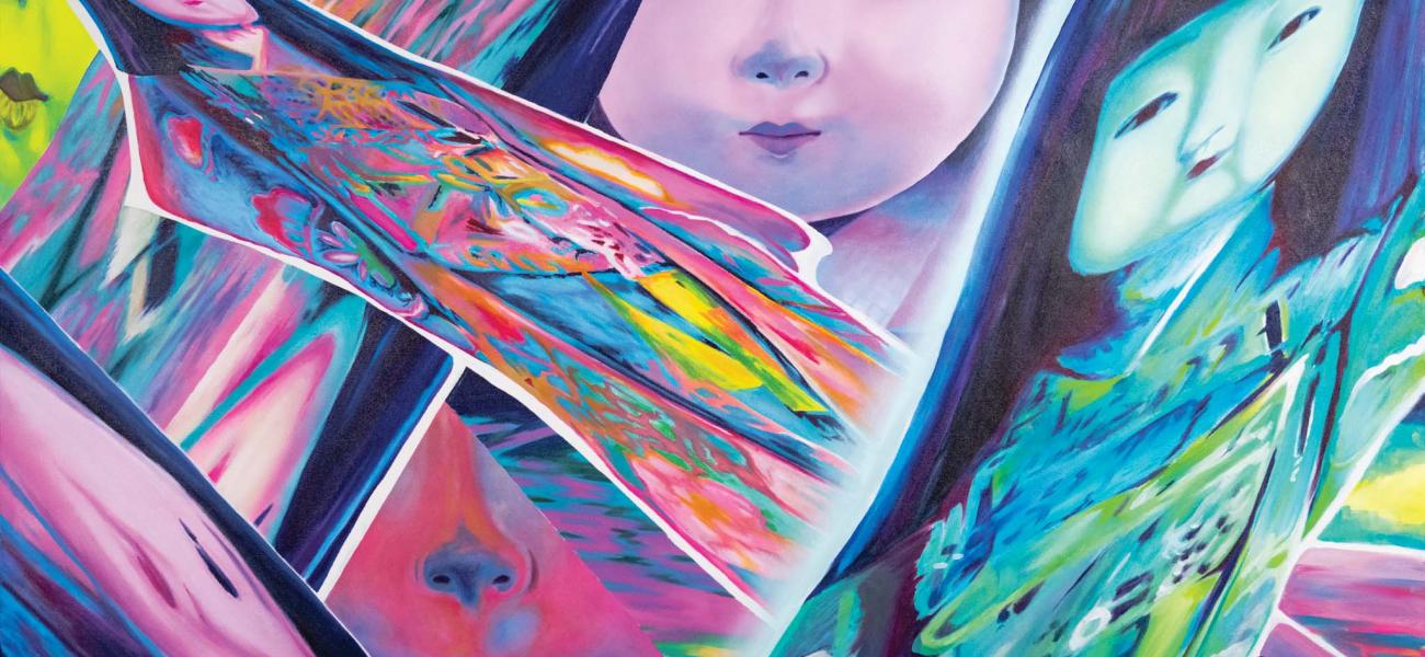 painting in vibrant pastels of a porcelain doll from various angles distorted