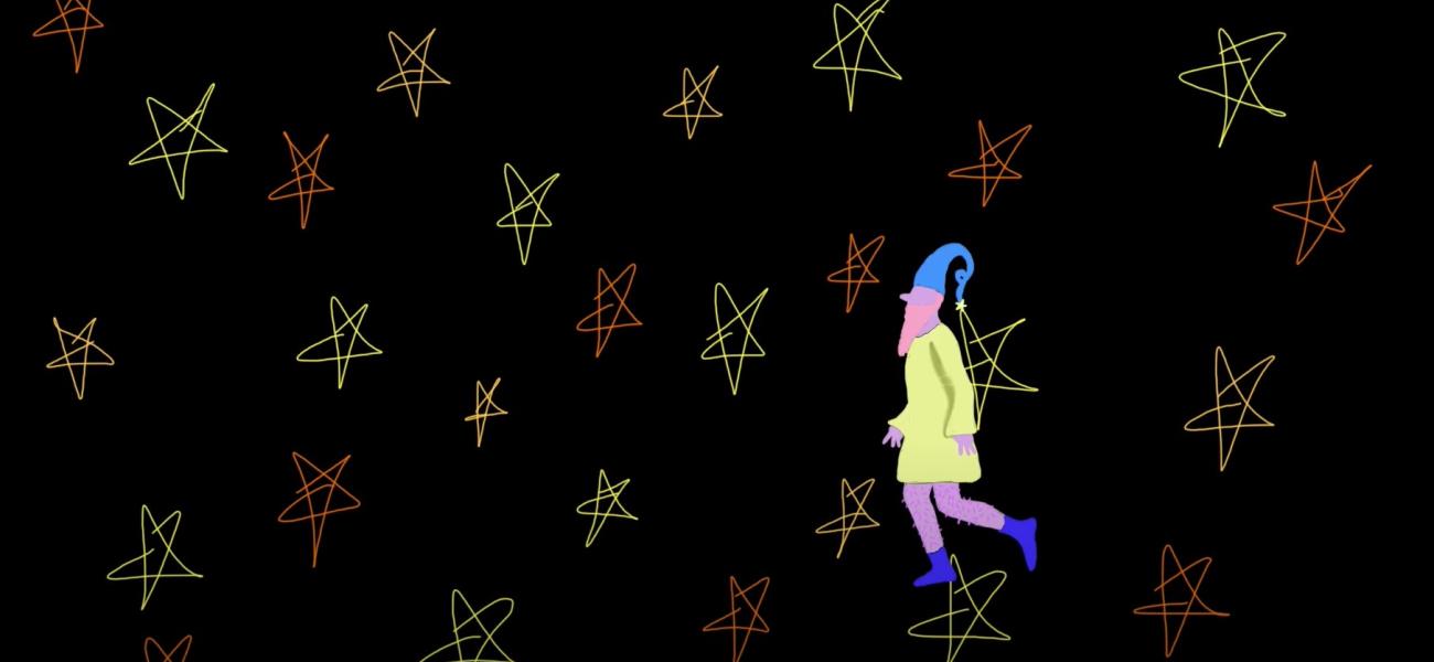 cartoonish scene of a wizard-like character walking among 5 pointed stars on a dark background