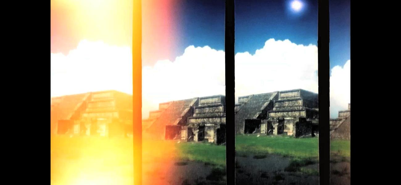 side by side images of an ancient step pyramid on a sunny day with a fluffy cloud behind. One of the images is overexposed with orange light.