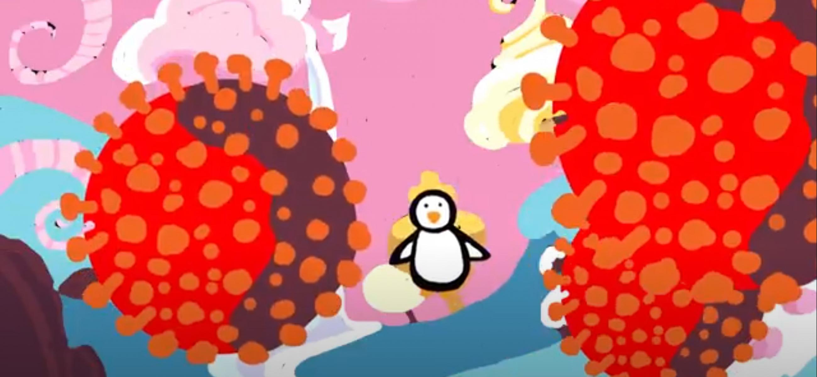 small birdy figure in a cheerful yet threatening landscape of brightly color spheroids reminiscent of viruses