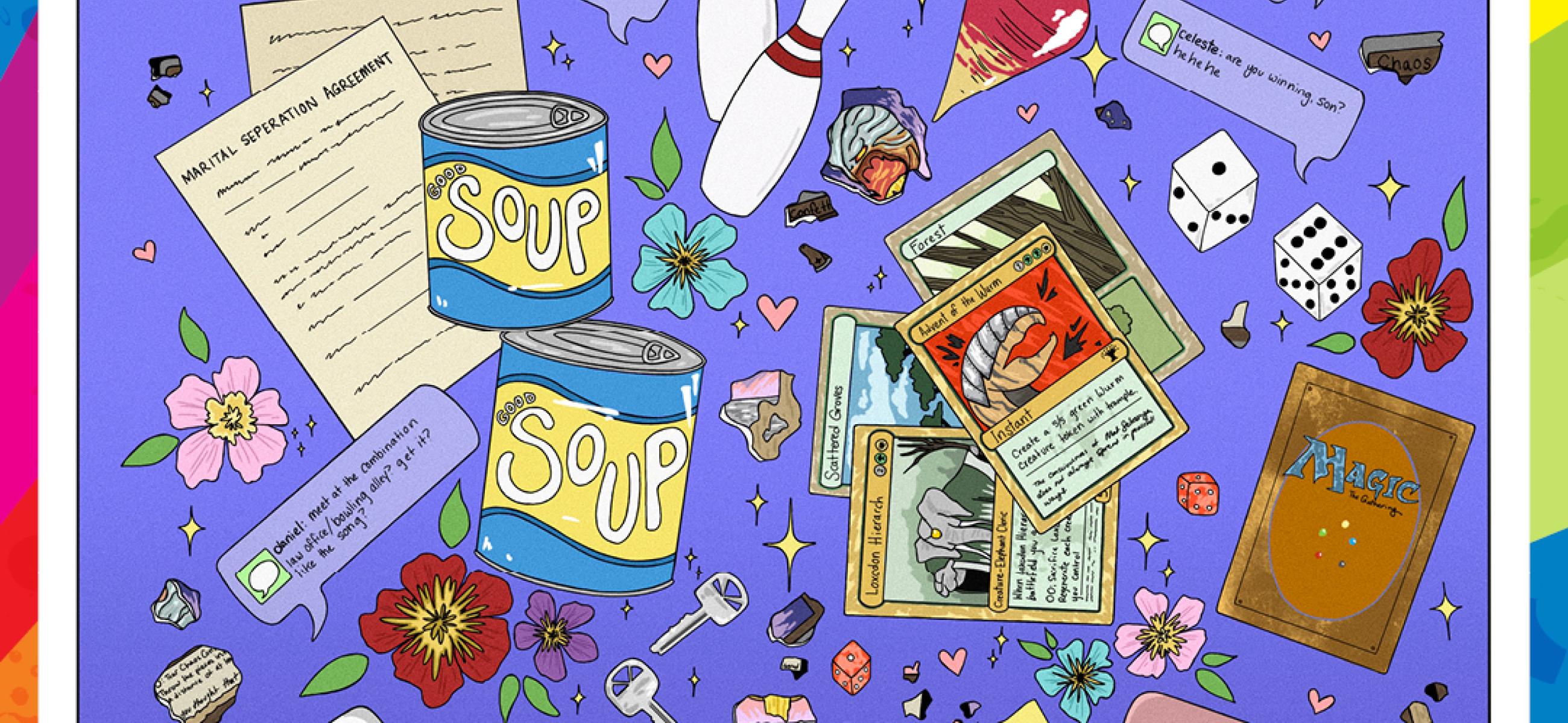 Rainbow border surrounding an illustration of objects: playing cards, flowers, soup cans, legal documents, dice, keys, bowling pins, and phones