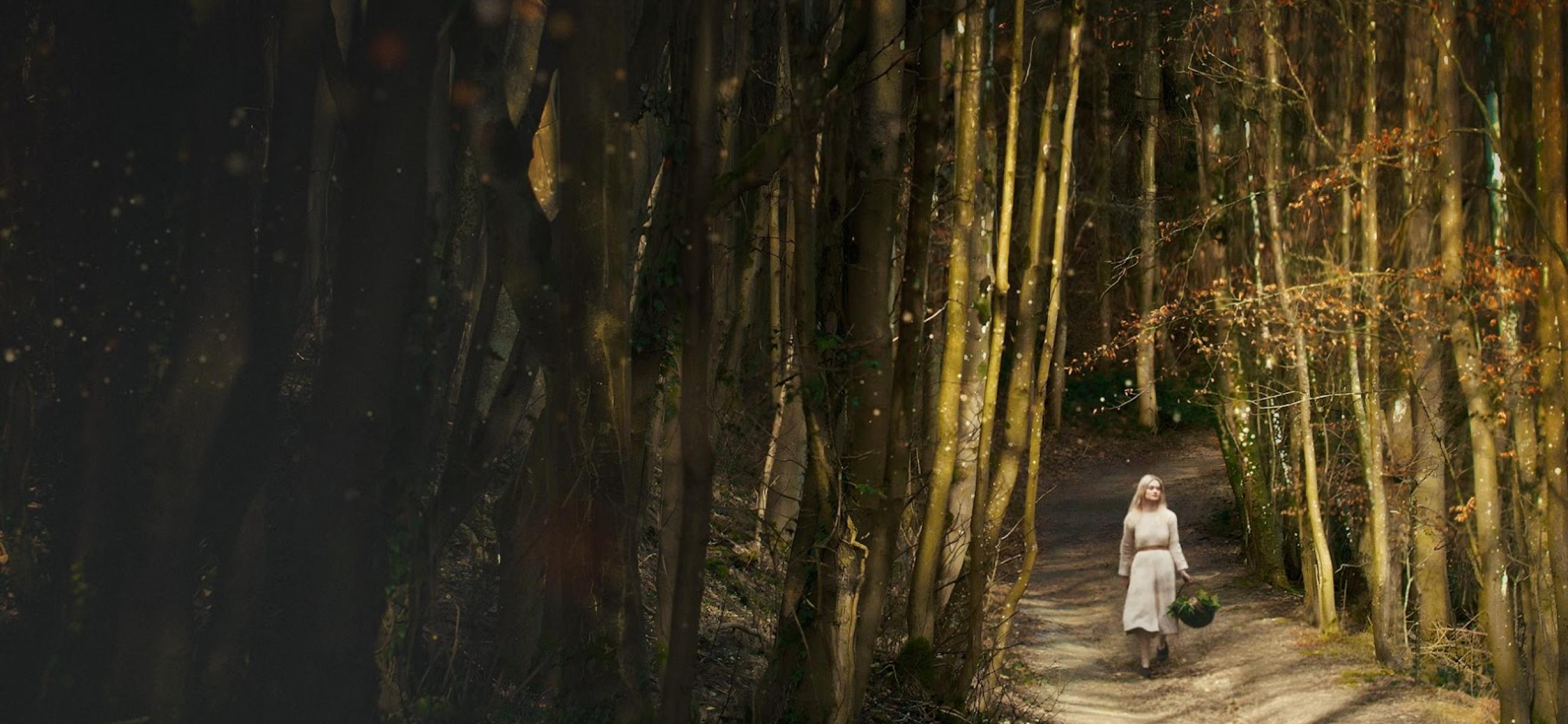 A person wearing a simple dress, carrying a basket of plants, walking calmly on a path through the woods
