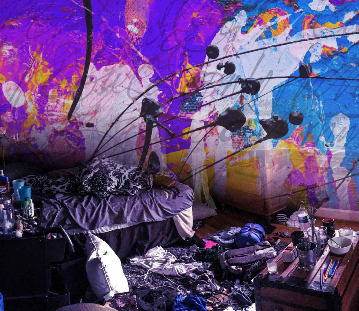 A messy abstract painting melds into a photo of a messy room