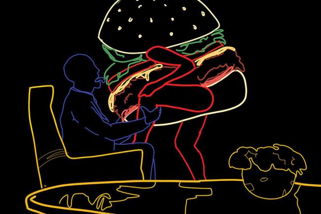 neon outline of a giant burger with bare legs climbing into a persons lap