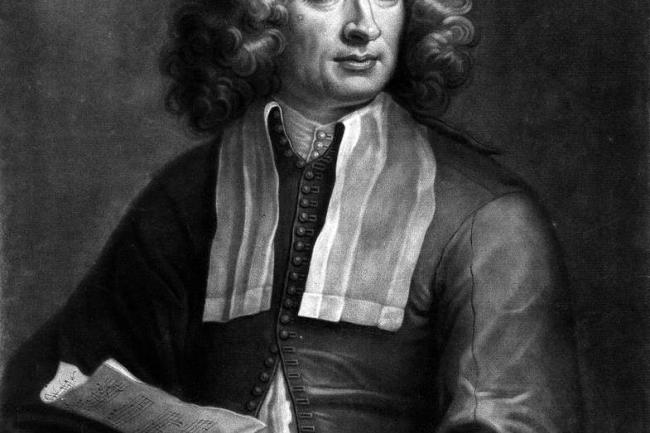 Photorealistic classic painting of Arcangelo Corelli holding a sheet of music and gazing off to his side