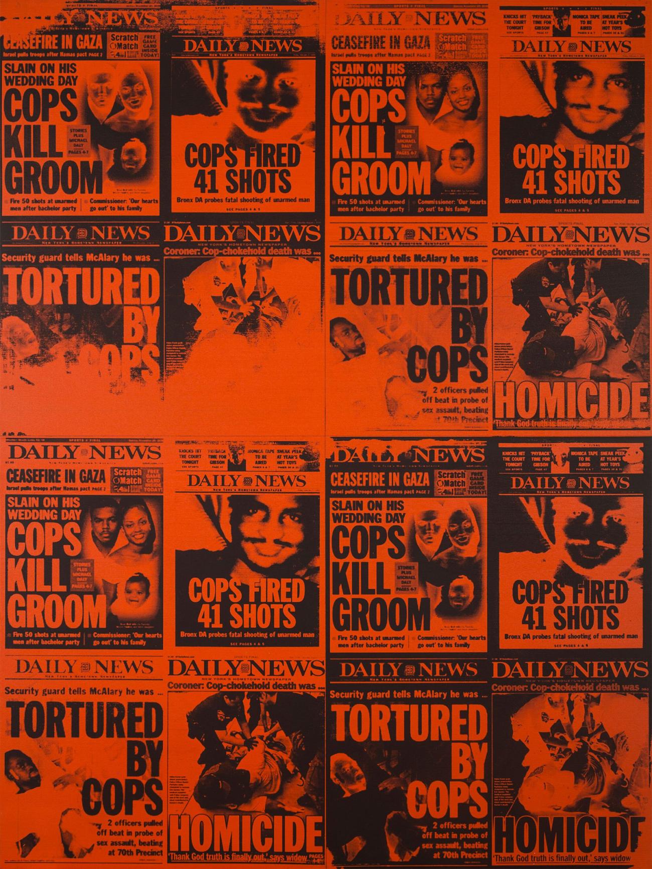 orange and black screened images of newspaper headlines announcing black men killed by police