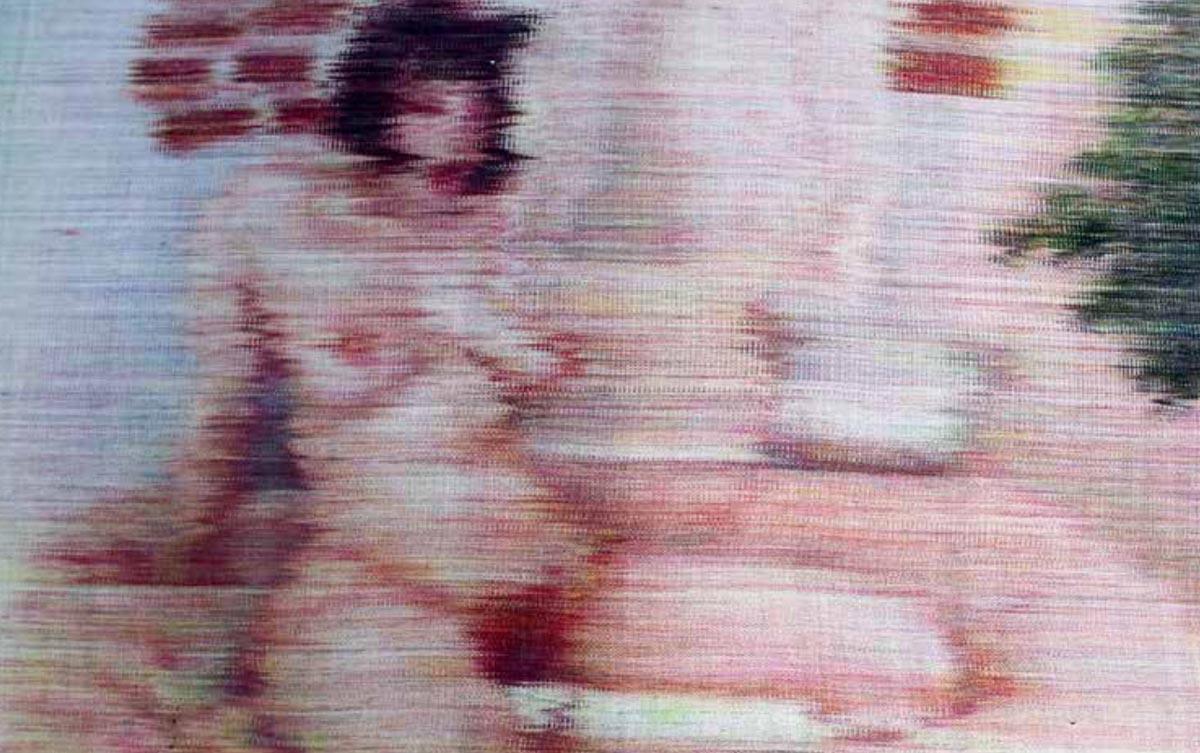 a woven textile work depicts a naked sex worker. The image is streaky and blurred by the weaving technique.
