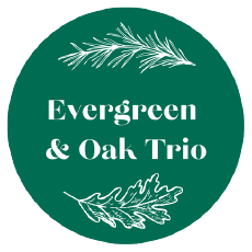 logo: an evergreen branch above the words Evergreen & Oak Trio, with an oak leaf underneath