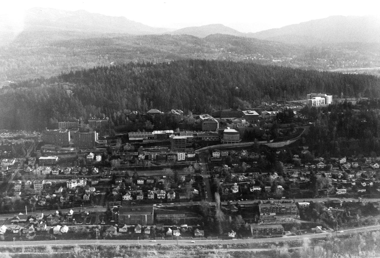 aerial view of campus, seen from the west, 1975