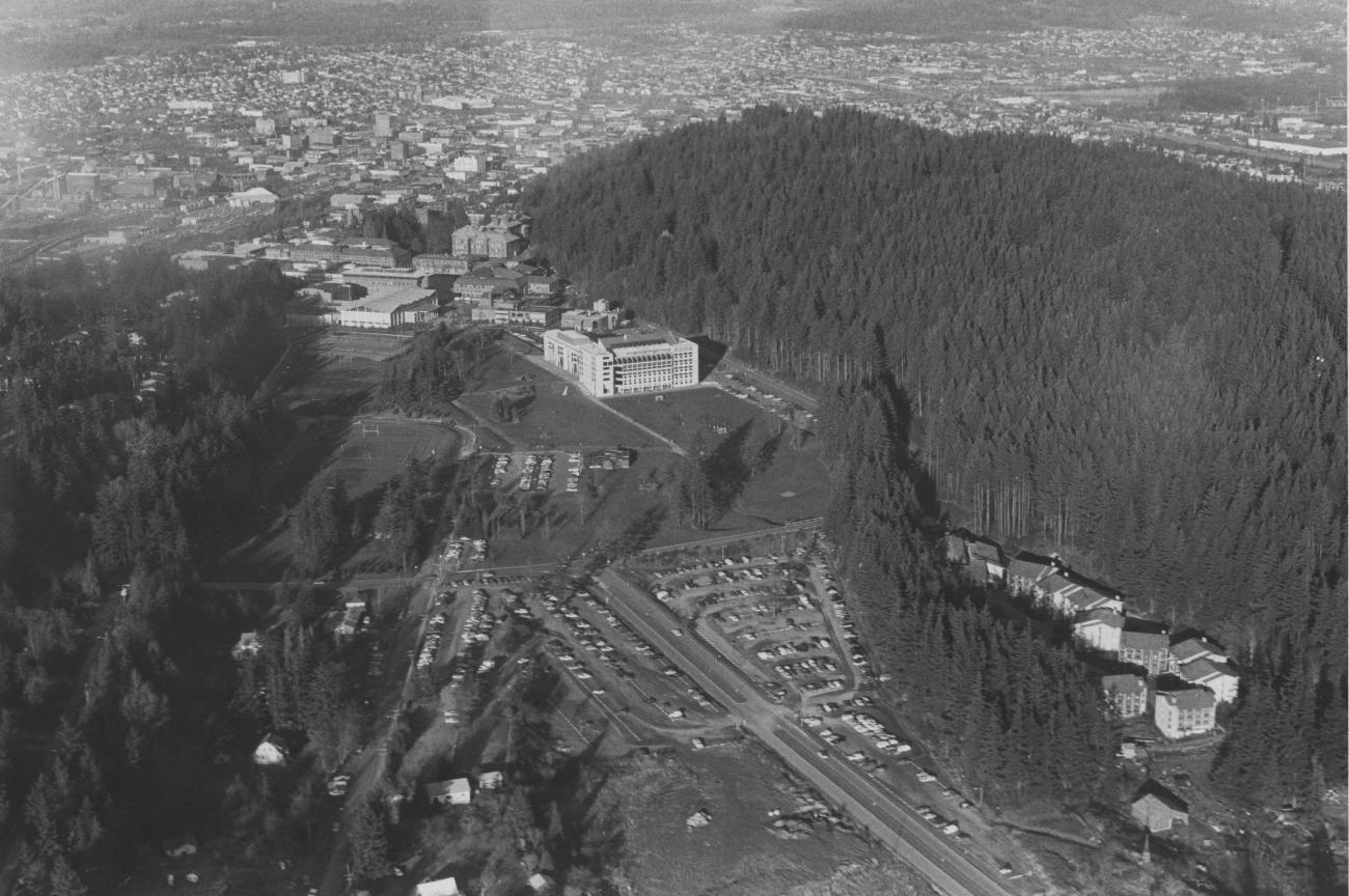 aerial view of south campus, 1975, featuring Fairhaven college and parking lots