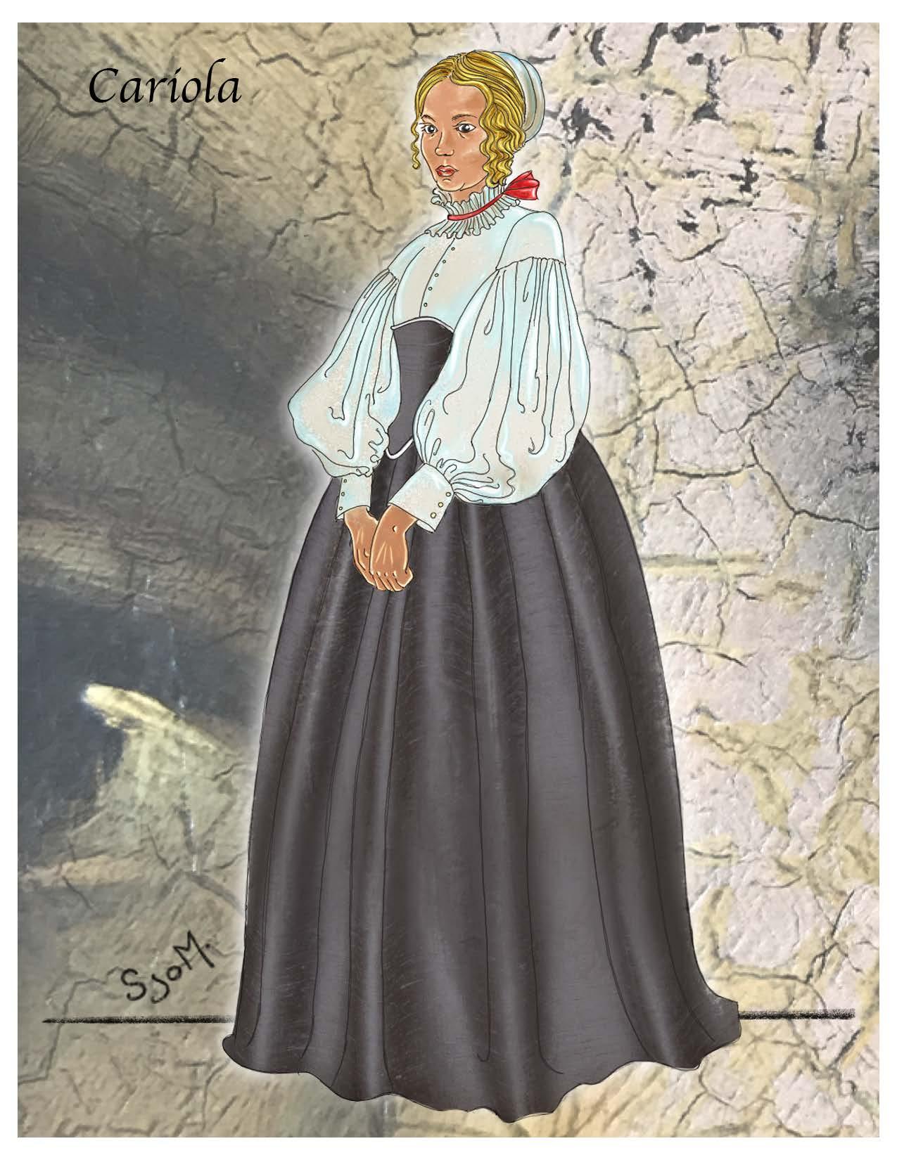 illustration of a woman wearing a bun cap and long dress with wide skirt, puffy sleeves, corset, and mini elizabethan collar 