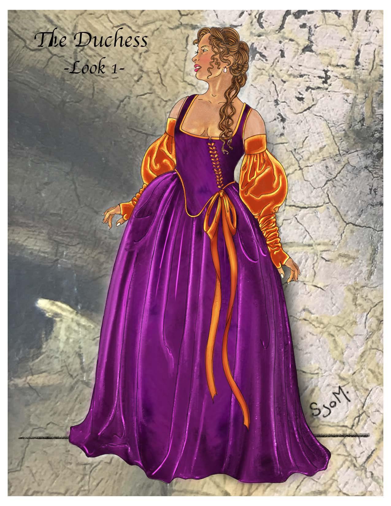 illustration of a woman in a fancy purple and gold gown with wide skirt and corset, and arm-length fingerless gloves which puff above the elbow