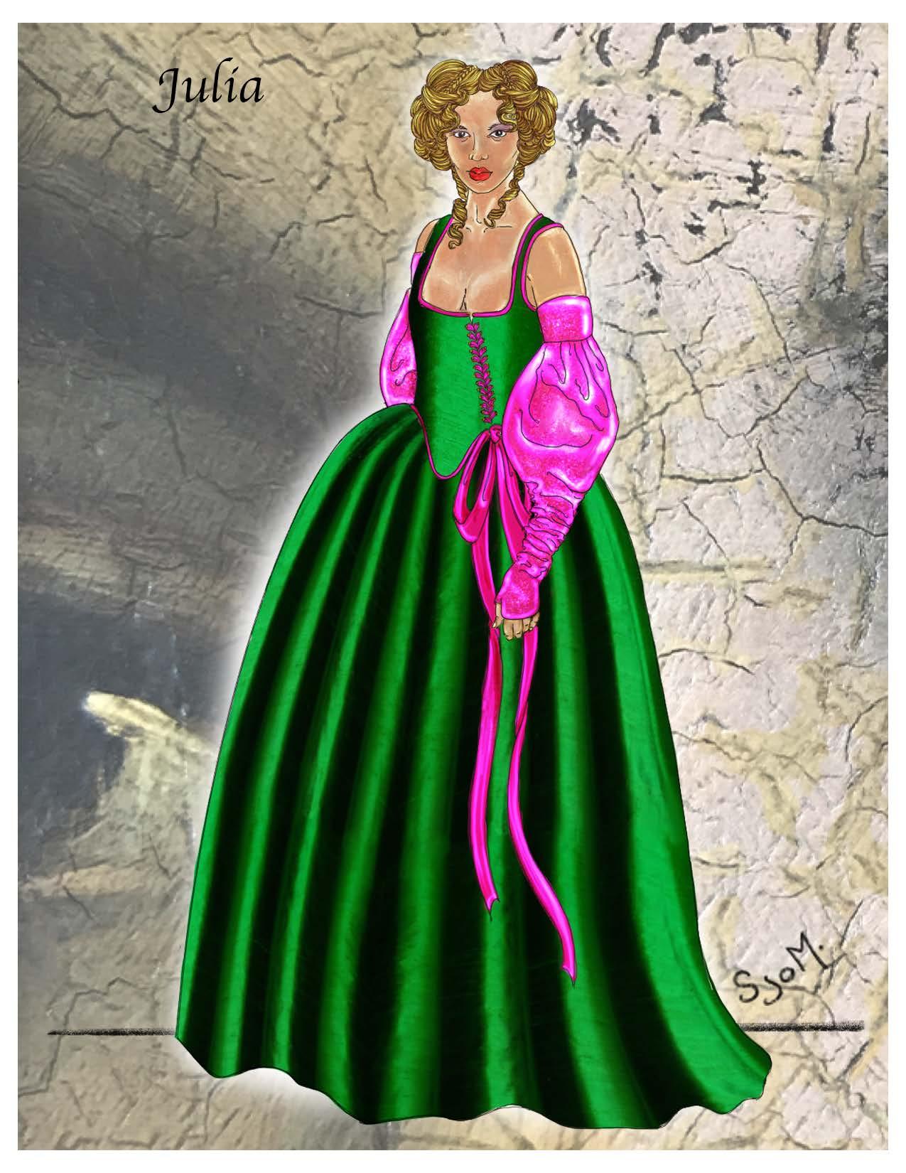 illustration of a woman in a shiny green and pink gown with wide skirt and corset, and arm-length fingerless goves which puff around the elbow
