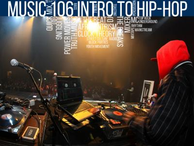 DJ spins records. Text overlay with hip-hop related terms