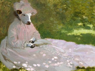 impressionist painting of an anthropomorphized cow sitting in a field wearing a dress and bonnet
